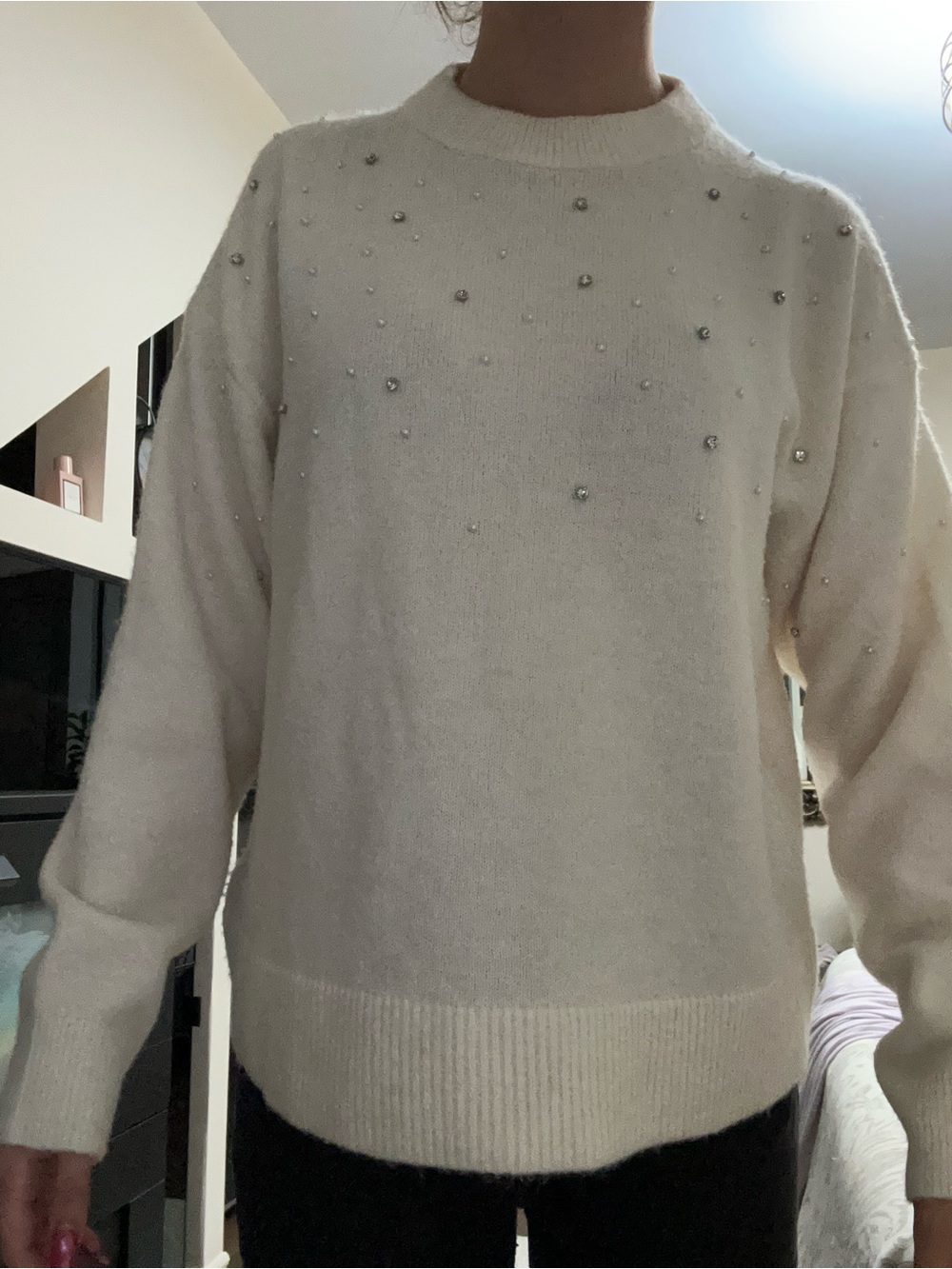 H&M Cream Pearl-Embellished Crewneck Sweater